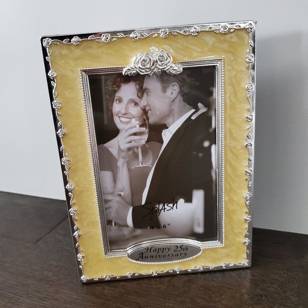 25th Anniversary Photo Frame Photo Album Silver Rose Vines Edge Stone Accent